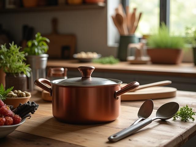 Warm artisan kitchen scene featuring handcrafted cookware and cooking utensils on a wooden table illuminated by soft natural light