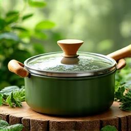 Eco-conscious cookware surrounded by green leaves