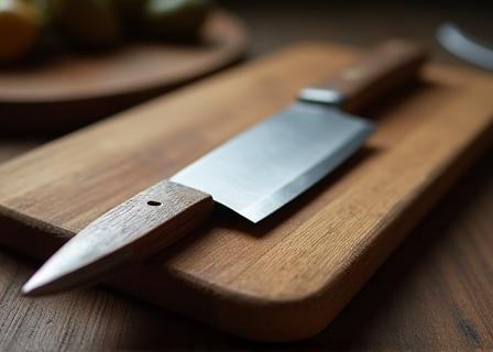 Artisan chef's knife with wooden handle on cutting board