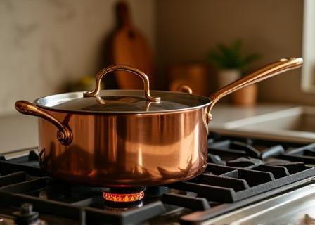 Elegant copper saucepan on stovetop