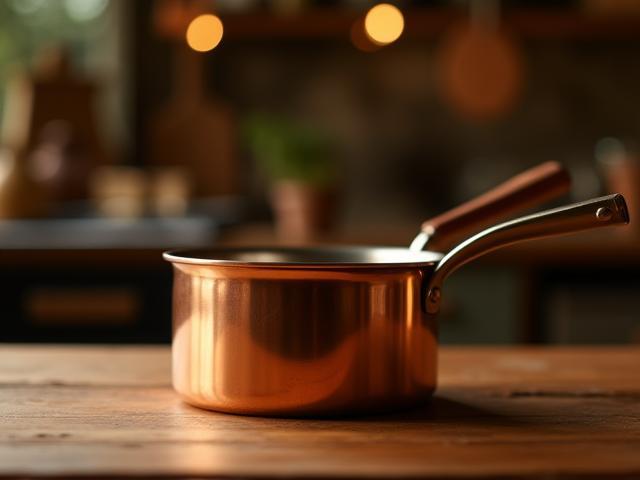 Elegant copper saucepan with wooden handle