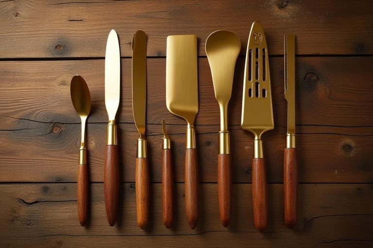Limited edition artisanal baking tools with golden accents arranged on rustic wooden table