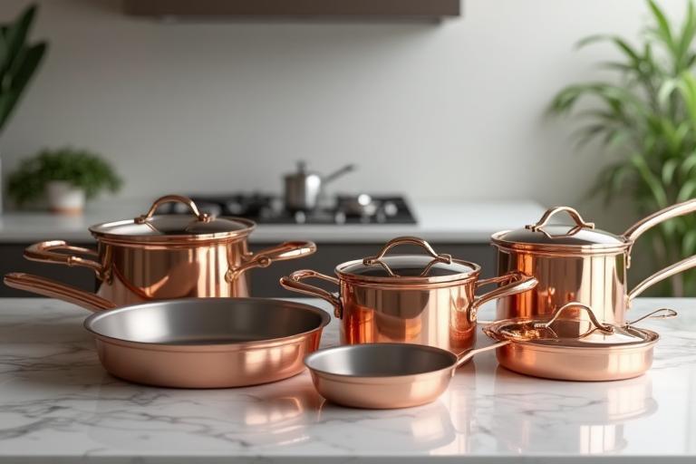 Signature Copper Cookware Set elegantly displayed in a kitchen setting
